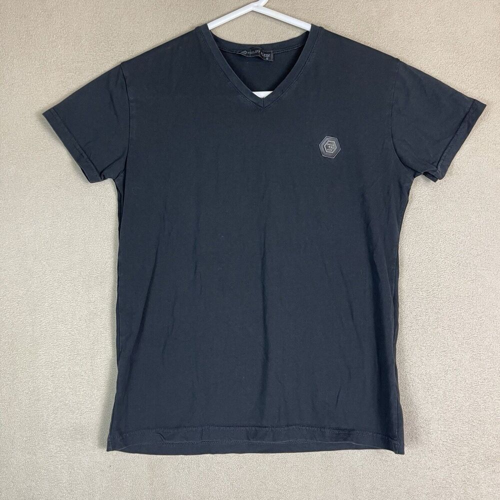 Philipp Plein Shirt Men Small Black V-Neck Short Sleeve Preppy‎ Designer T-Shirt